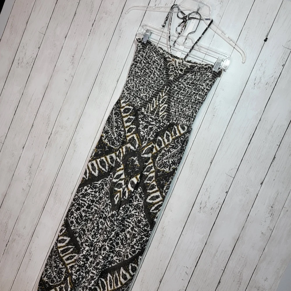 Free People Balloon Gauzy Smocked Jumpsuit Size S Black Tribal Pockets Halter. - Picture 5 of 11